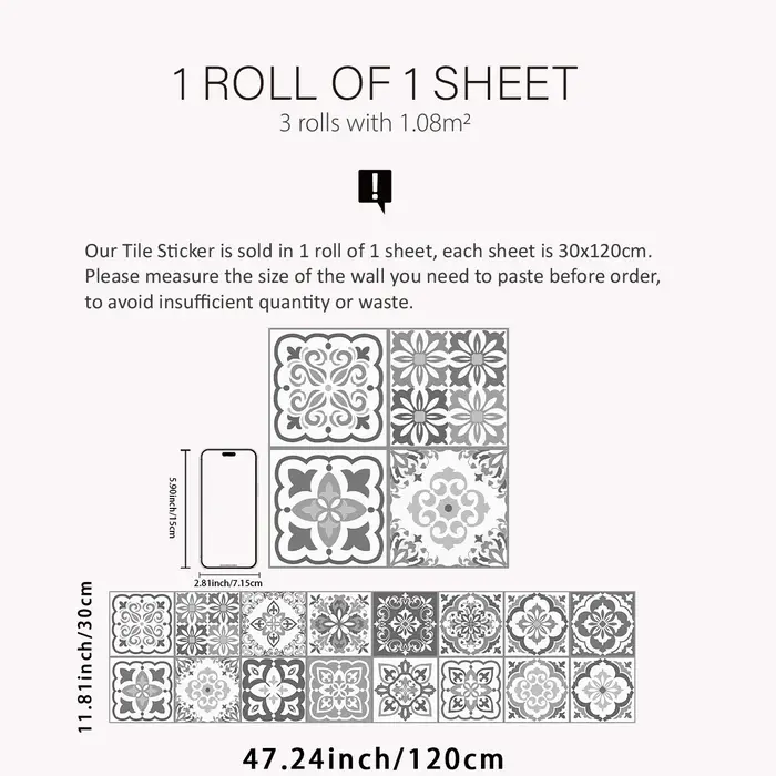 1 rouleau gris et blanc Portugal et Espagne Maroc motifs décoratifs épaissi résistant à l'humidité