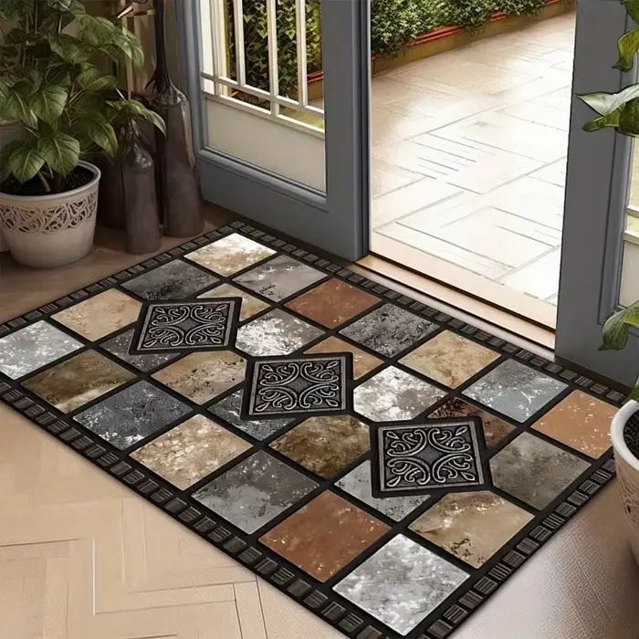 Tapis d'entrée en feutre grand format à motif mosaïque imitation pierre