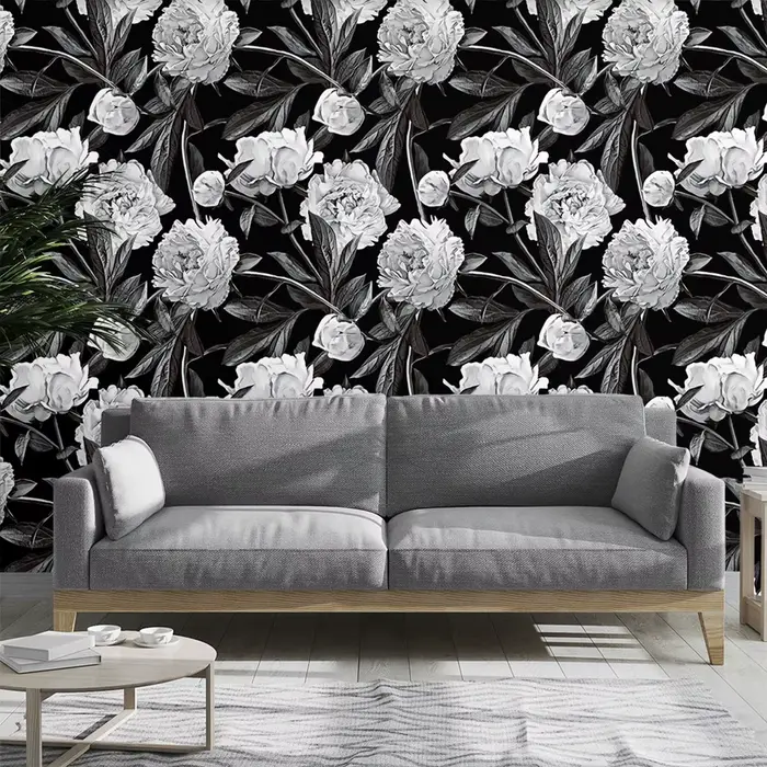 1 rouleau de papier peint cyclique à motifs floraux noir et blanc