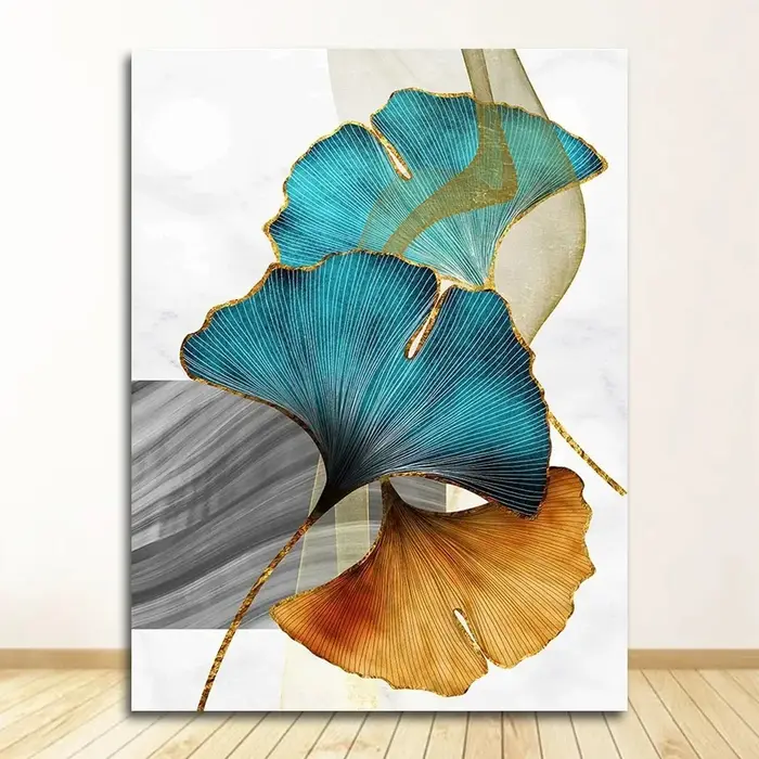 Image moderne décor de salon bleu vert jaune or plante feuille abstraite nordique toile impression mur Art peinture
