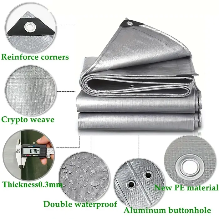 Bâche imperméable anti-UV argentée multi-usage 2x2m 2x3 3x3 3x4 3mx5 auvent abri de pluie protection solaire extérieure camping