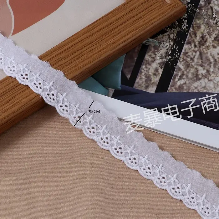 Ruban en dentelle de coton brodé Floral Beige et blanc