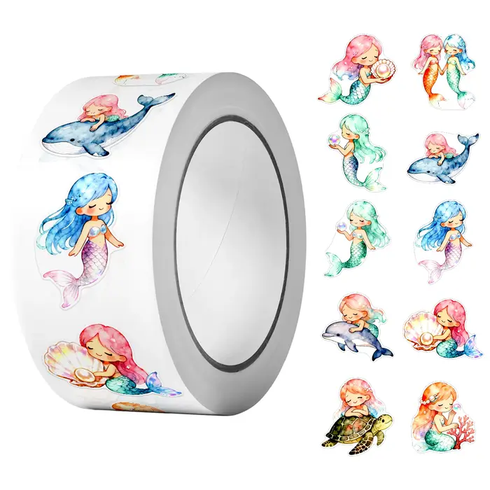 1 rouleau (500 pièces) aquarelle irrégulière dessin animé jolies sirènes autocollant décalcomanies Art adornement décoration de la maison étanchéité papeterie étiquettes