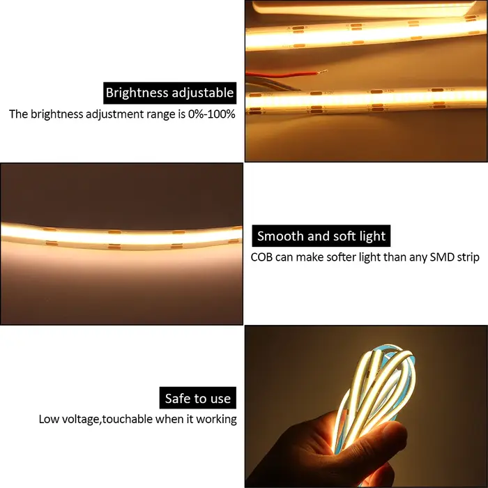 Bande LED COB CCT 5M 12V 24V DC 608LED s FCOB lumière LED variable double couleur blanche 10MM PCB b