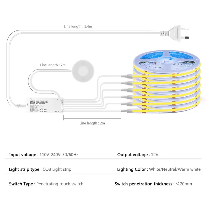 Lumière LED COB avec interrupteur à capteur tactile pour étagère de cuisine, gradation, mouvement de