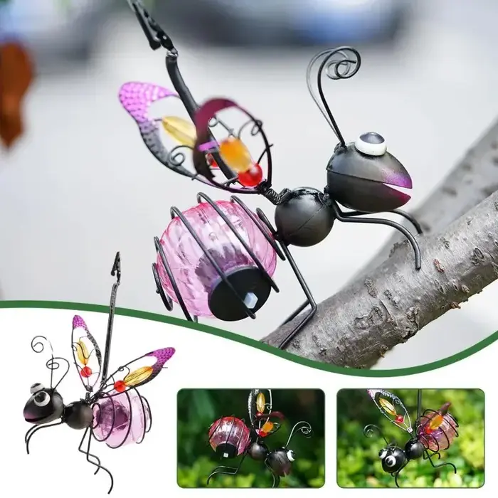 Statue d'insecte solaire en fer avec lumière féerique LED