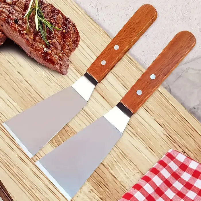 1/2 spatules en acier inoxydable avec bord incliné et manche en bois dur - Grande spatule en métal