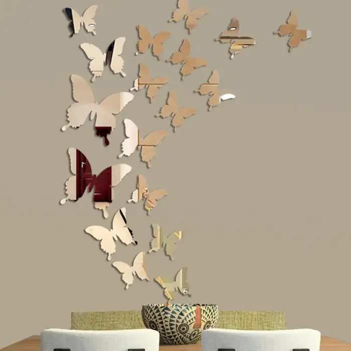 Autocollant mural miroir papillon 3D, 12 pièces/lot, décalcomanie, art parfait, décoration de mariag