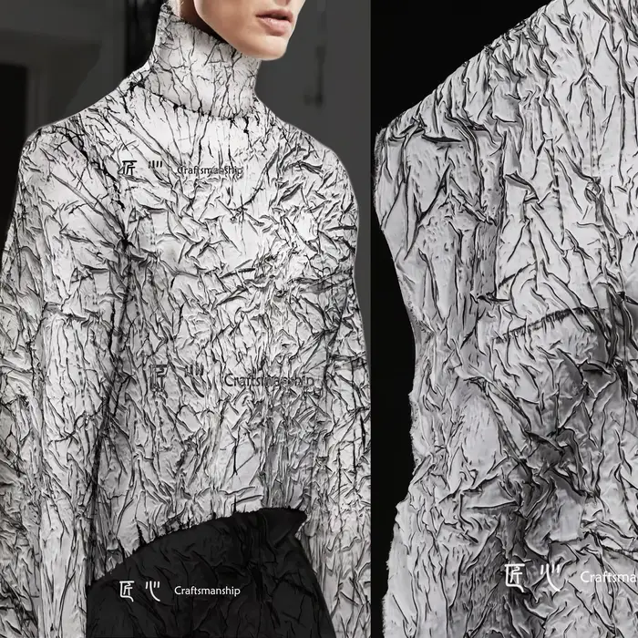 Tissu gaufré Bergame, peinture blanche, ligne noire, document de frottement, fissure bosselée, veste
