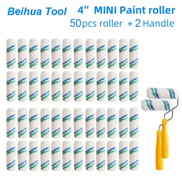 52 pièces/ensemble 4 pouces rouleau de peinture brosse 50 pièces et 2 poignées Mini rouleau pour pei