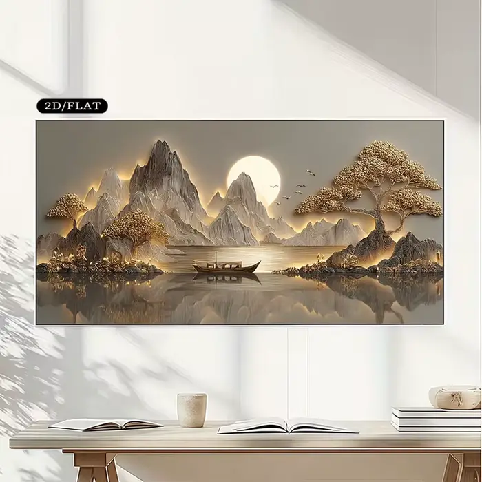 Toile texturée sans cadre 2D plate, grande taille, 1 pièce, art mural, paysage doré serein sans cadr