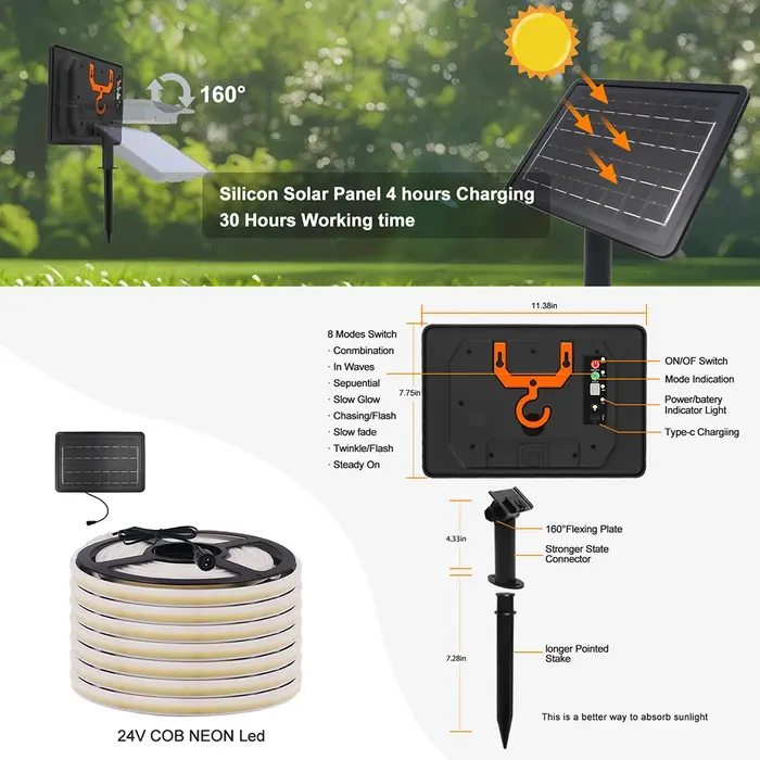 Bande lumineuse LED solaire néon 5M 10M 24V étanche 8 modes 320 LED/m Lampe flexible IP68 Décoration extérieure pour fête et jardin 0.5m 1m 2m 3m
