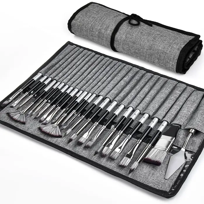 Ensemble de 24 pinceaux d'art mixtes avec couteau à palette et sac de transport pour peinture acrylique