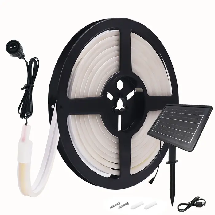 Bande lumineuse LED solaire néon 5M 10M 24V étanche 8 modes 320 LED/m Lampe flexible IP68 Décoration extérieure pour fête et jardin 0.5m 1m 2m 3m