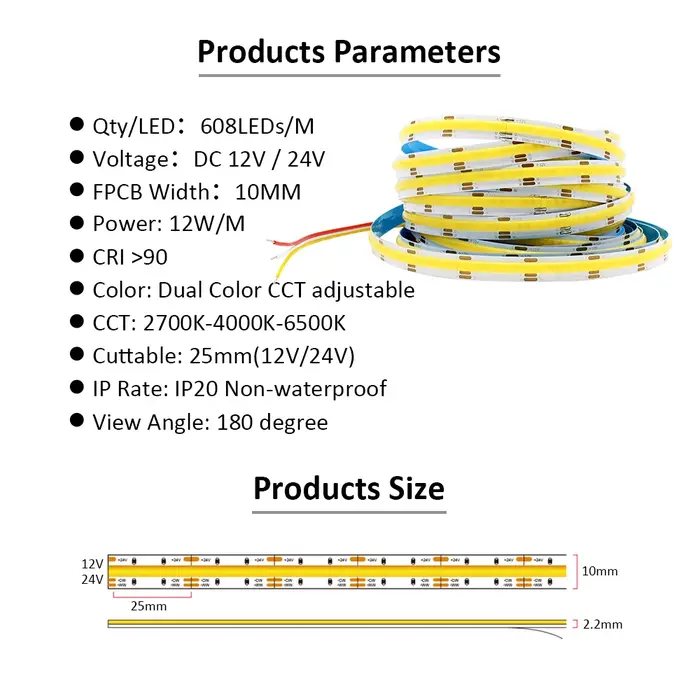 Bande LED COB CCT 5M 12V 24V DC 608LED s FCOB lumière LED variable double couleur blanche 10MM PCB b