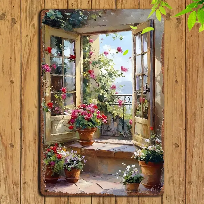 Peinture sur métal 2D - Panneau décoratif métallique vintage pour mur avec motif de jardin et balcon français - Art rustique avec vue