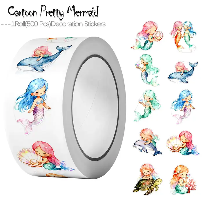 1 rouleau (500 pièces) aquarelle irrégulière dessin animé jolies sirènes autocollant décalcomanies Art adornement décoration de la maison étanchéité papeterie étiquettes