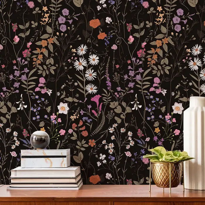 1 rouleau 44 cm x 300 cm noir floraison fleur PVC papier peint Morden imperméable vinyle salon bureau décoration murale avec adhésif