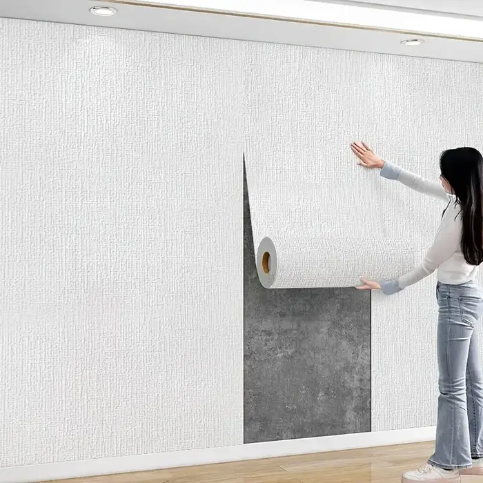Papier peint texturé en lin épaissi, autocollant 3D imperméable pour la décoration de la cuisine, de la chambre à coucher et du fond des murs