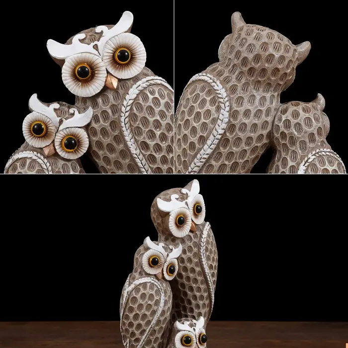 Famille de trois statues de hibou mignonnes, décoration de maison, statues de hibou sur étagères, dé