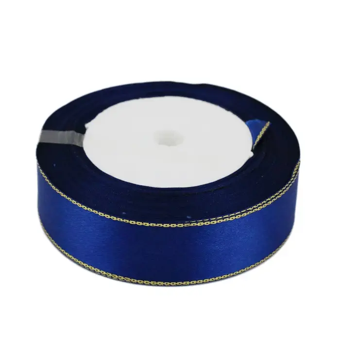 (25 Yards/Lot) Ruban en satin bleu foncé à bord doré Rubans d'emballage cadeau de haute qualité