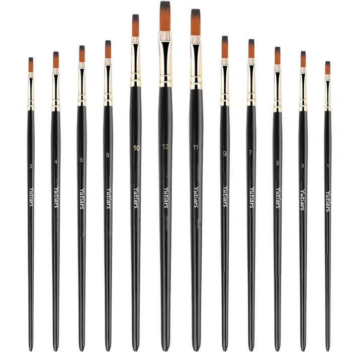 Ensemble de pinceaux plats 12 pièces, poils en nylon synthétiques, pinceaux d'artiste professionnels
