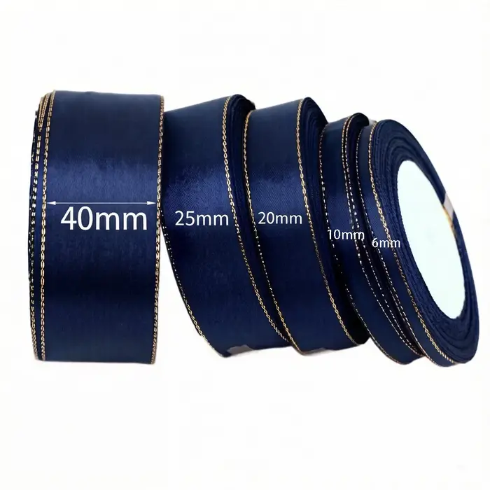 (25 Yards/Lot) Ruban en satin bleu foncé à bord doré Rubans d'emballage cadeau de haute qualité