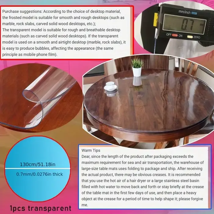 Nappe ronde transparente en PVC 120/130/140cm
