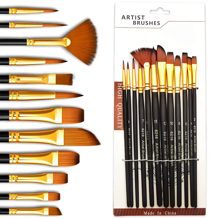 Ensemble de pinceaux de peinture professionnels pour artistes, 12 pièces, poils en nylon de qualité