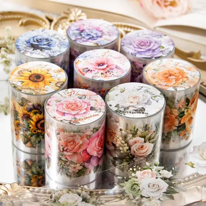8 rouleaux/pack - Ensemble de rubans floraux - Ruban floral, autocollants floraux, tournesols, roses