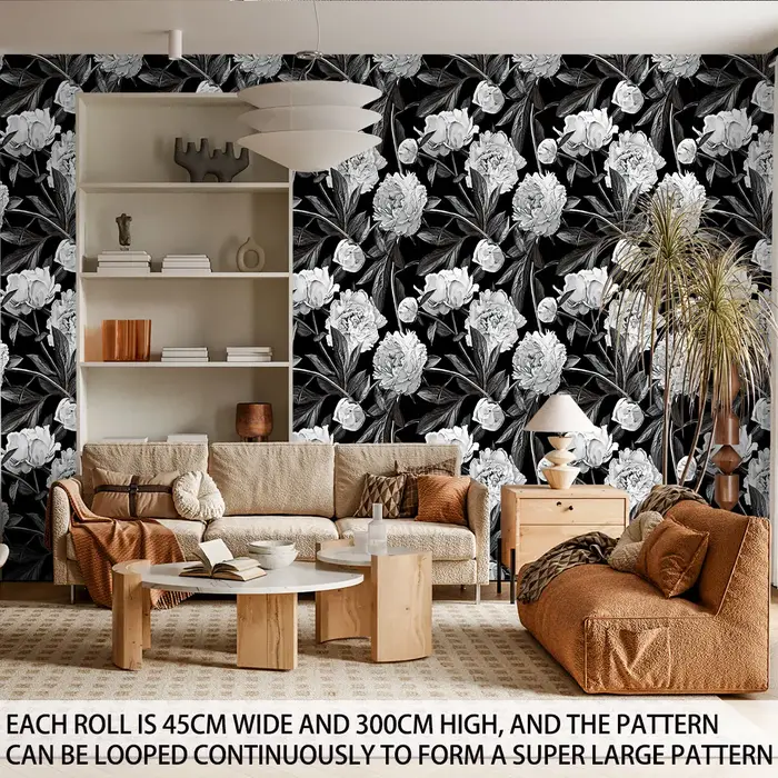1 rouleau de papier peint cyclique à motifs floraux noir et blanc