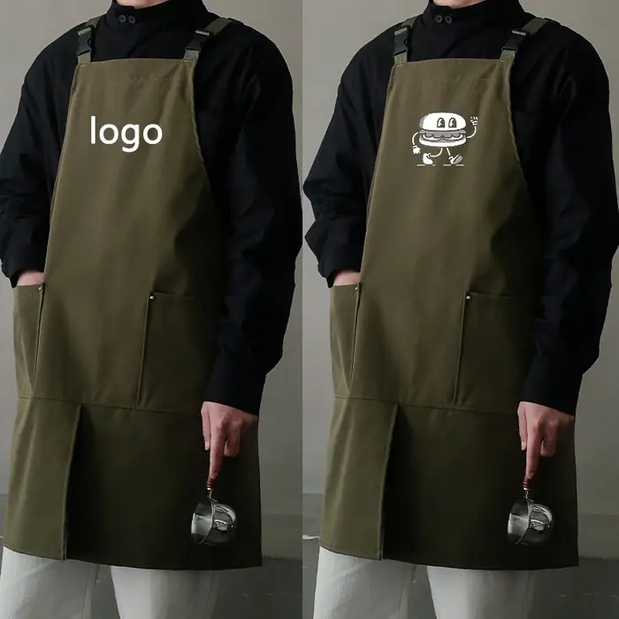 Tablier de logo personnalisé avec le coton imperméable de toile de conception divisée pour la cuisine de restaurant de café