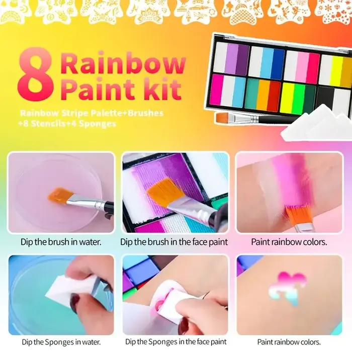 Palette de peinture à rayures arc-en-ciel avec pinceaux