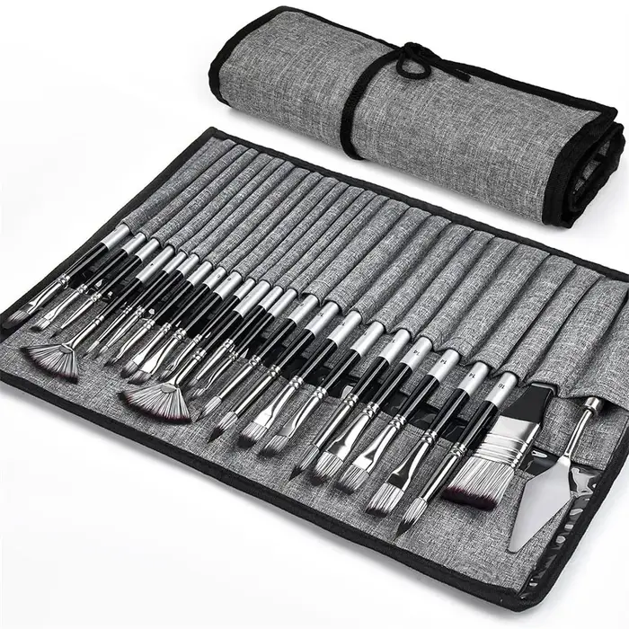 Ensemble de pinceaux de peinture Premium avec sac en toile, 24 pièces, lavables, pointes larges pour aquarelle et peinture à l'huile, poignées en bois durables