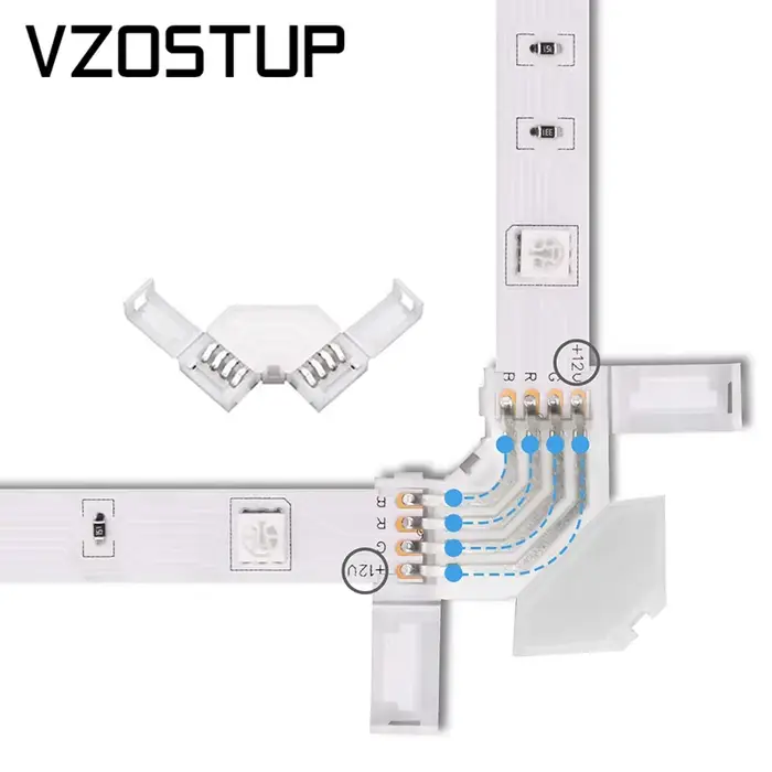 Connecteur d'angle LED RGB, 10mm, 4 broches, en forme de L, bande lumineuse LED IP20, sans soudure, 