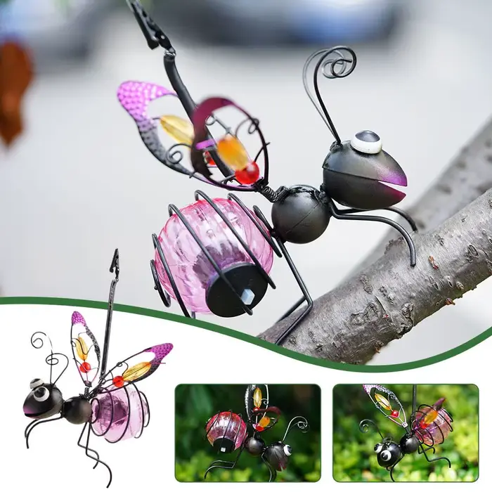 Statue d'insecte en fer solaire avec guirlande lumineuse LED