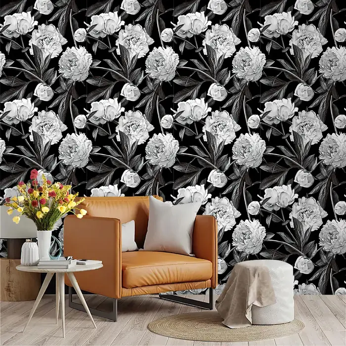 1 rouleau de papier peint cyclique à motifs floraux noir et blanc