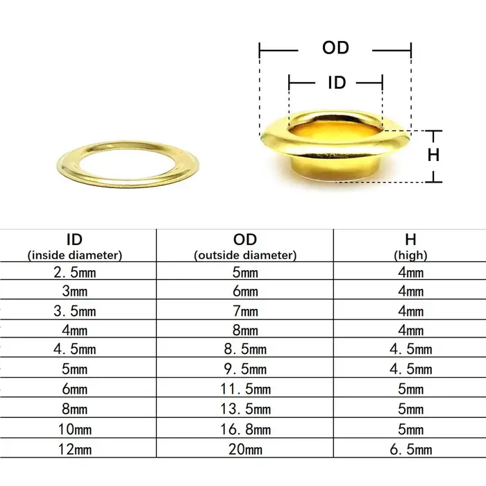 100 ensembles 2.5mm à 12mm oeillet doré de haute qualité avec rondelle œillet anneau trou d'air Rivet pour sac en cuir chaussures ceinture casquette vêtements