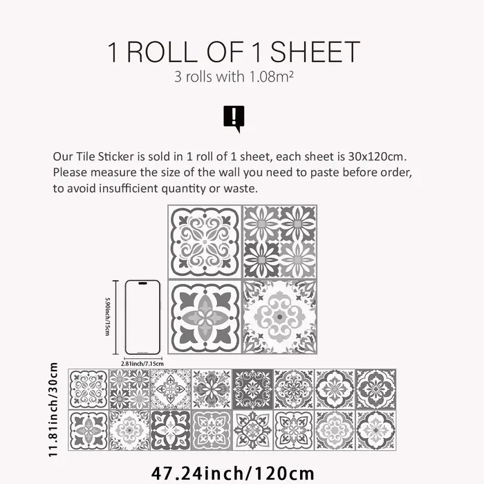 1 rouleau gris et blanc Portugal et Espagne Maroc motifs décoratifs épaissi résistant à l'humidité r