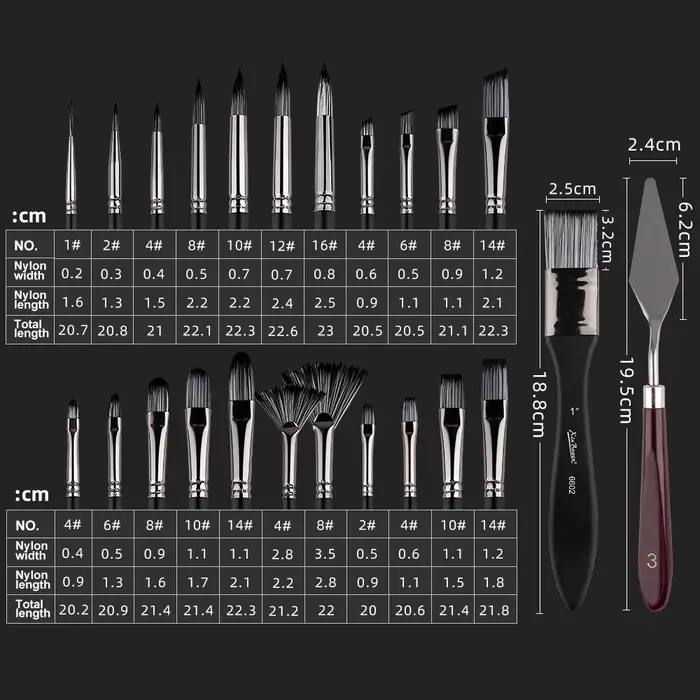 Ensemble de pinceaux de 25 sacs en toile, outils de peinture artistique pour débutants, pinceaux en nylon spécialisés pour peinture acrylique/aquarelle/huile
