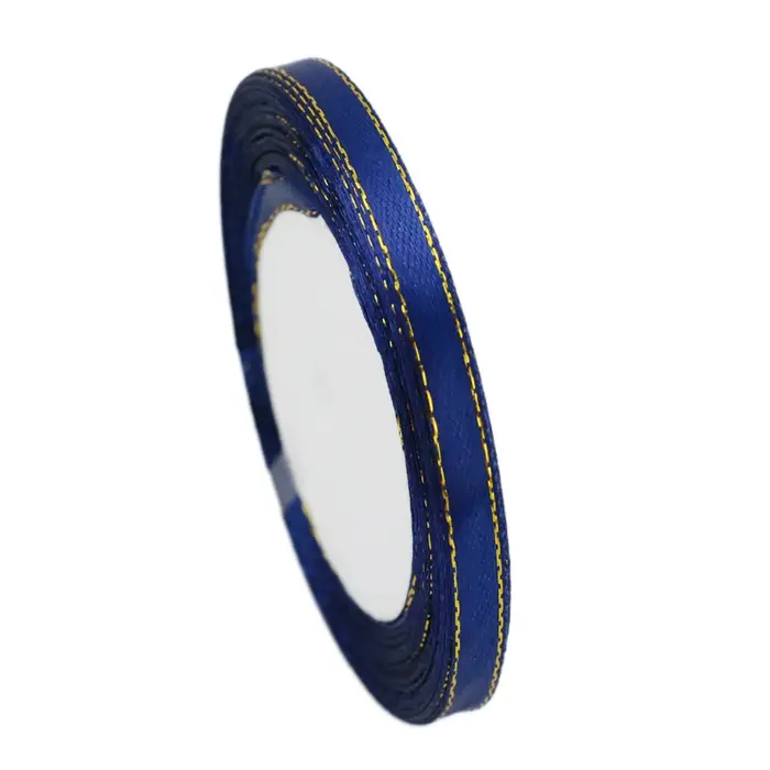 (25 Yards/Lot) Ruban en satin bleu foncé à bord doré Rubans d'emballage cadeau de haute qualité