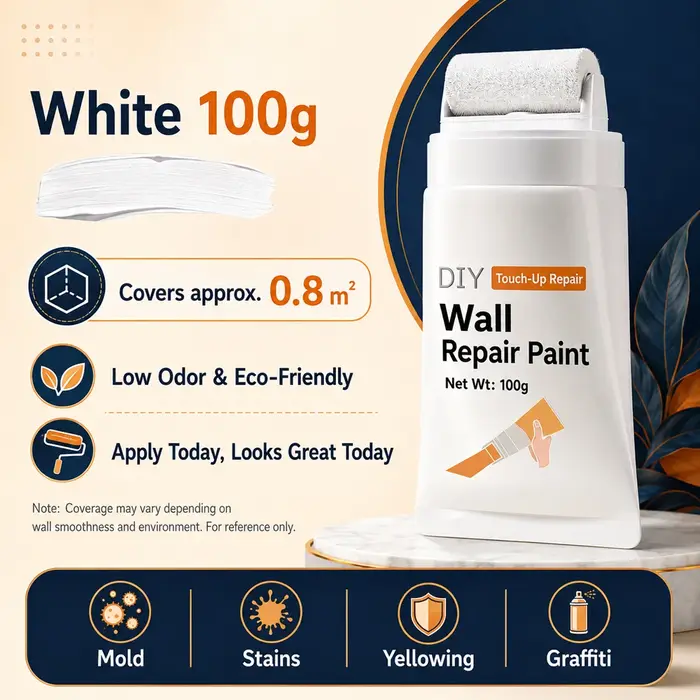 Peinture de réparation murale blanche avec rouleau intégré 100g – Gel de retouche à séchage rapide pour taches