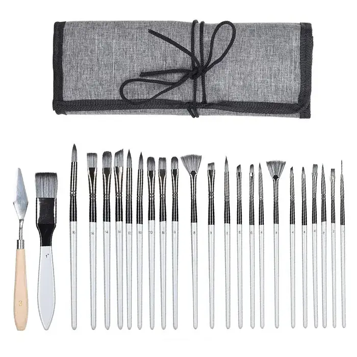 Ensemble de pinceaux de peinture Premium avec sac en toile, 24 pièces, lavables, pointes larges pour aquarelle et peinture à l'huile, poignées en bois durables