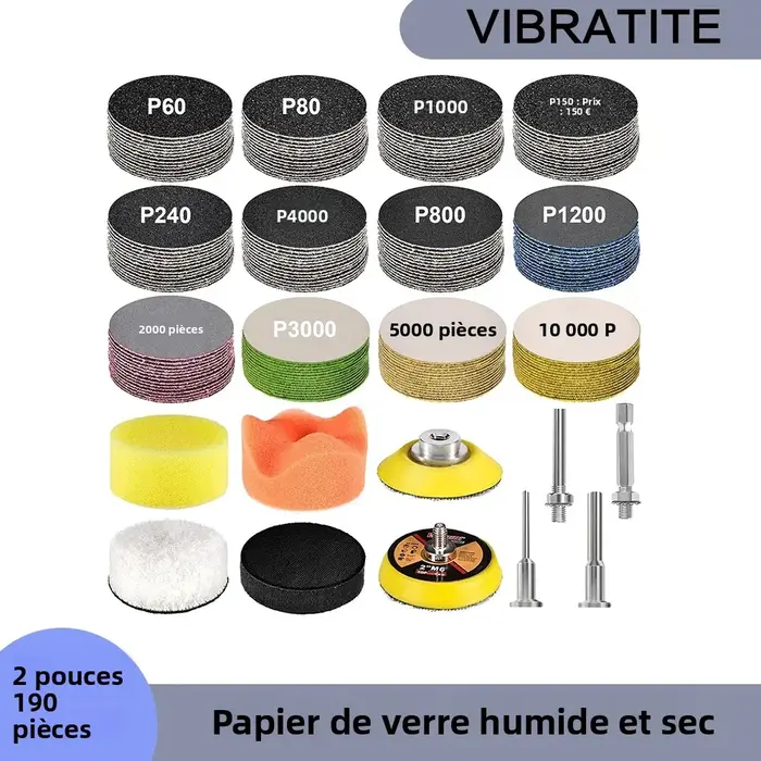 Disque de ponçage à crochet et boucle de 2 pouces, 190 pièces assorties de papier de verre sec et hu