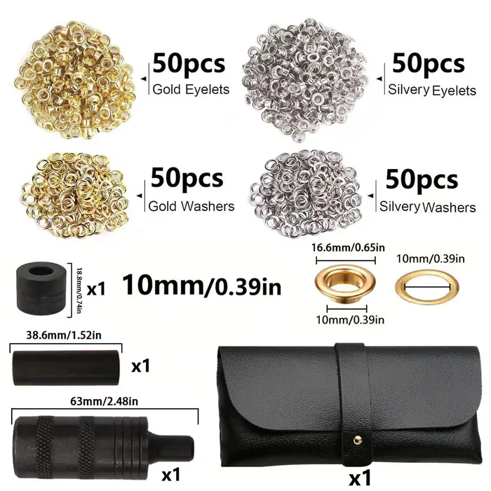 Kit d'outils pour œillets 10/12mm, 100 pièces, avec poinçon et rondelles, œillets dorés et argentés,