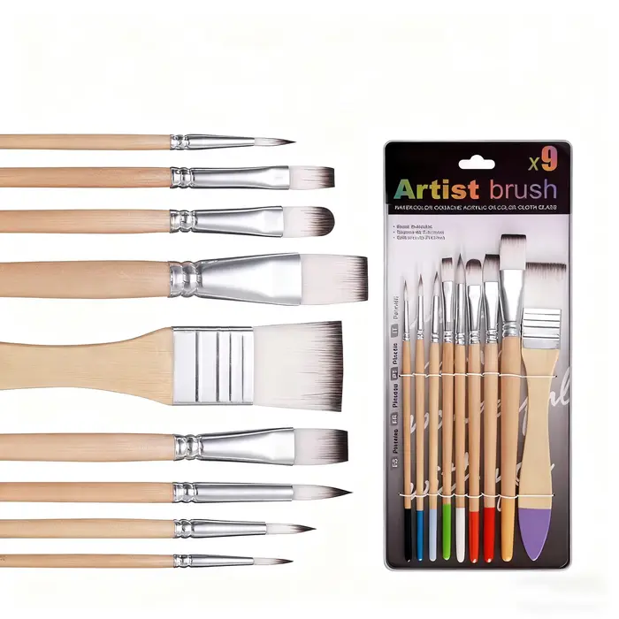 Ensemble de pinceaux pour débutants, 9 pièces, poils en Nylon pour toile, aquarelle, peinture à l'huile acrylique, outils de peinture d'artiste
