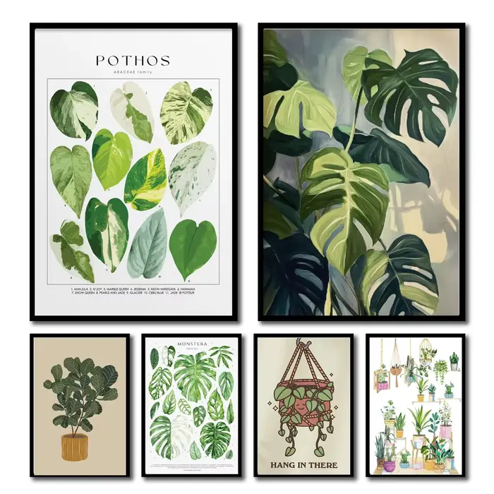 Toile murale avec feuilles botaniques vertes, plantes d'intérieur, décoration intérieure, feuillage apaisant et affiche d'intérieur végétal