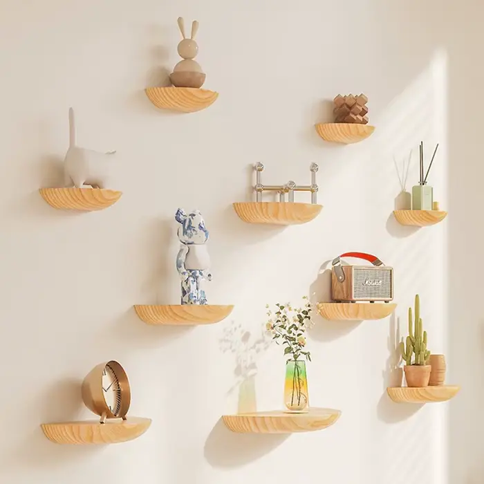 Étagères murales demi-cercle en bois massif, supports de rangement décoratifs flottants pour entrée 