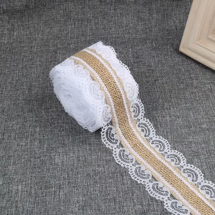 Ruban en toile de jute de 25 mm, 2 mètres/lot, avec bordure en dentelle blanche, décoration de maria