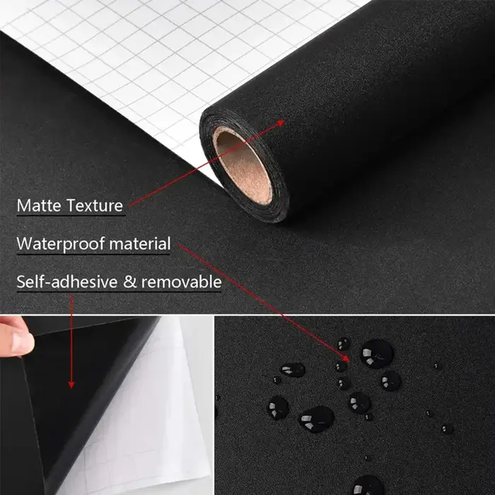 1 rouleau de papier peint auto-adhésif en vinyle noir mat prêt à décoller, adapté aux murs de pièces, aux comptoirs de cuisine et aux armoires